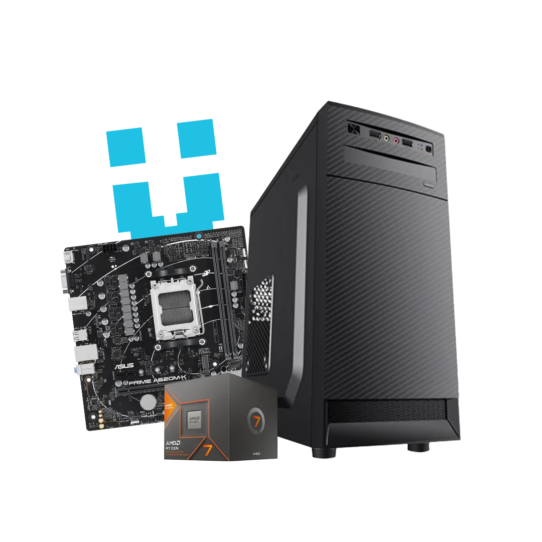 High-performance workstation PC with motherboard and AMD Ryzen 7 processor box