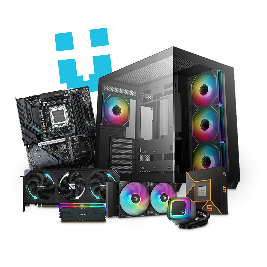 High-performance PC workstation components including RGB case, motherboard, GPU, and cooling fans