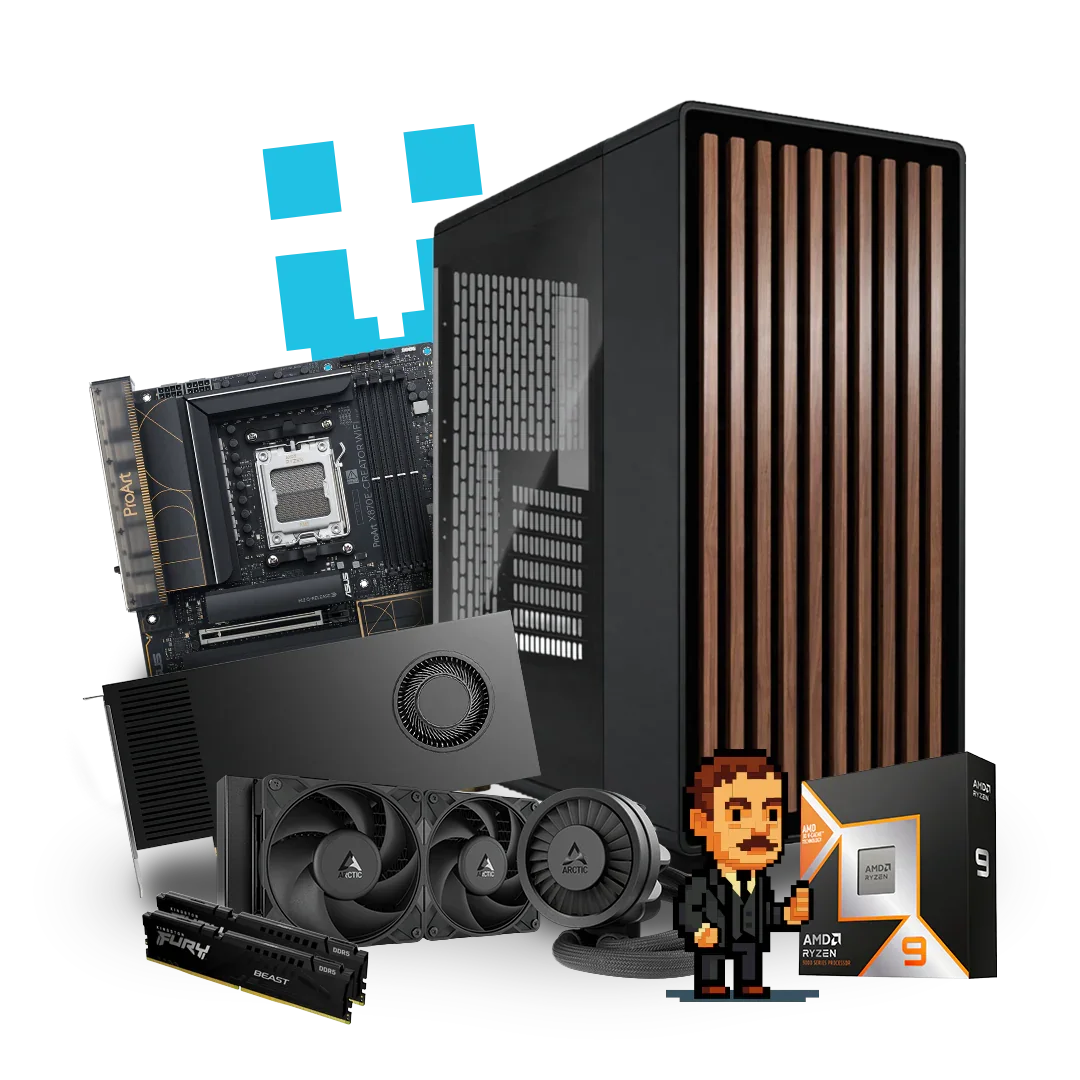 High-performance PC workstation with motherboard, graphics card, cooling system, and AMD Ryzen CPU