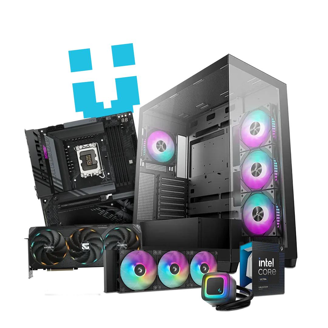 Custom PC components including RGB case, Intel Core processor, motherboard, GPU, and fans