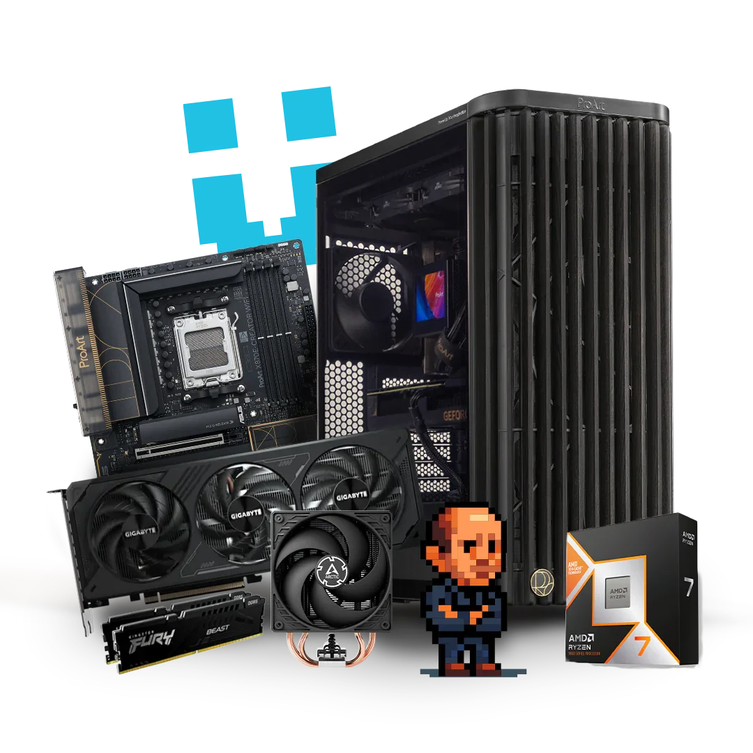 High-performance workstation PC with AMD Ryzen processor, graphics card, motherboard, and cooling fan