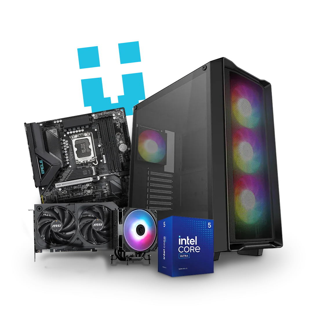 High-performance PC components including RGB desktop case, Intel Core Ultra processor, motherboard, and cooling fan