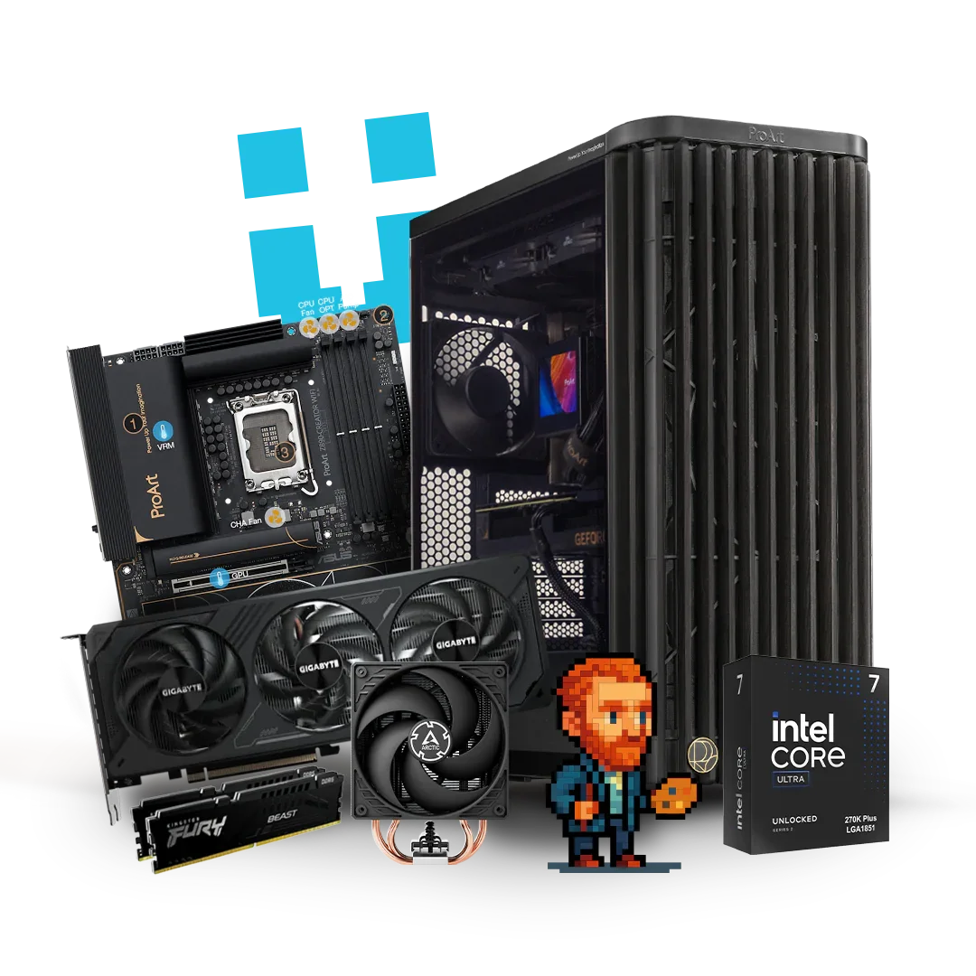 High-performance workstation PC, motherboard, graphics card, and Intel Core Ultra processor with a pixel art character
