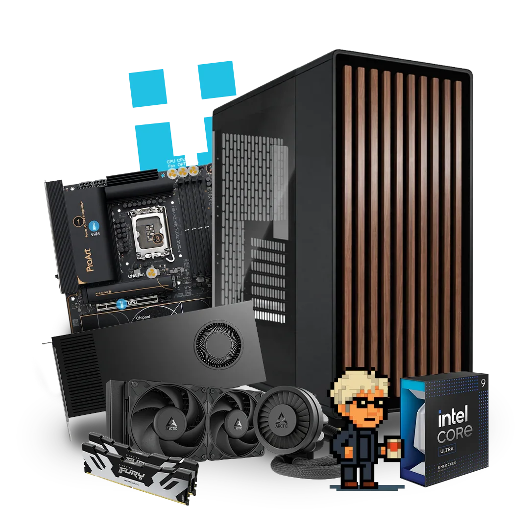 High-performance workstation PC case with motherboard, GPU, cooling system, RAM, Intel Core CPU, and pixel art figure